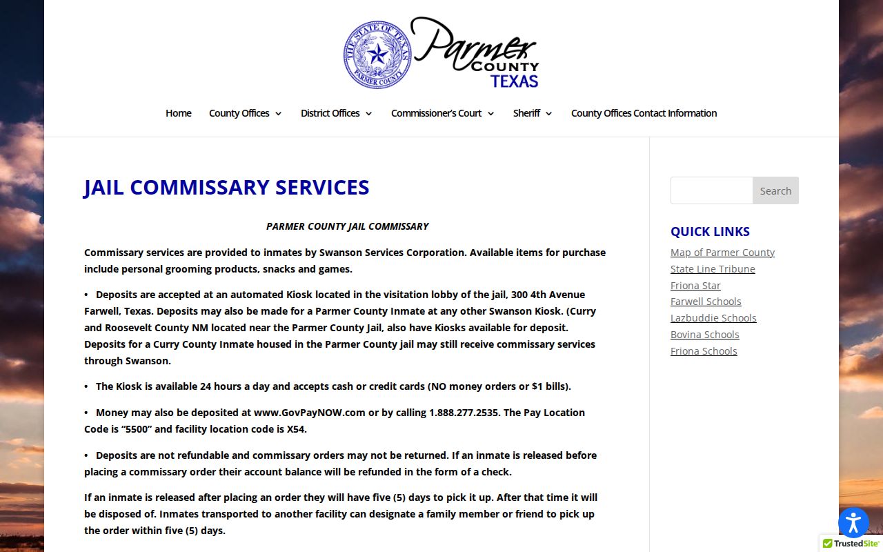 Parmer County Jail commissary release and transfer guidance