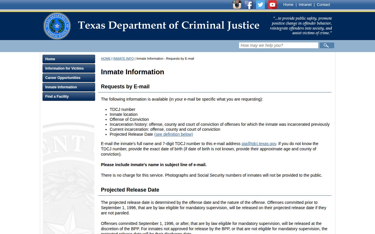TDCJ definition for a Parmer County projected release date