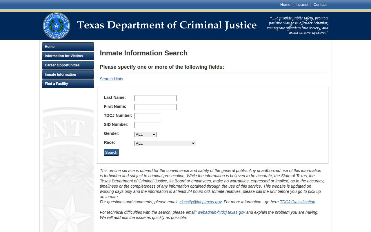 Texas Department of Criminal Justice offender search